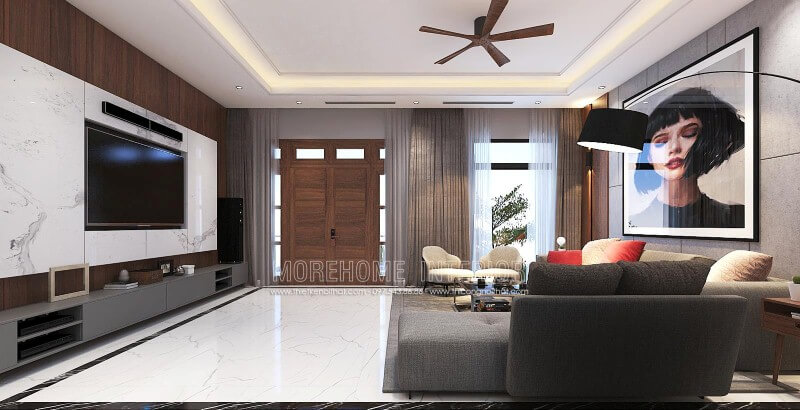 Bố trí nội thất phòng khách hiện đại đẹp, tinh tế từ đá ốp tường vân mây, tranh treo tường nghệ thuật cùng sofa hiện đại cao cấp. Thiết kế nội thất phòng khách biệt thự