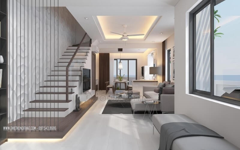Trang trí nội thất phòng khách liền phòng bếp ăn đẹp cùng cầu thang dây cáp tạo nét hiện đại, độc đáo cho biệt thự, nhà phố. Thiết kế nội thất phòng khách biệt thự